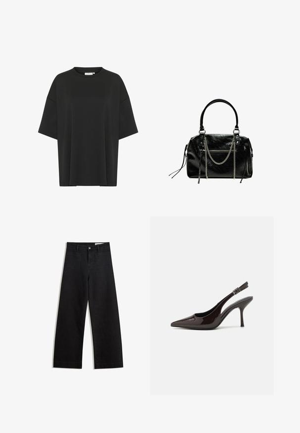 Mustat ylimääräiset t-paidat, jotka on valmistettu sileästä kankaasta, jossa on pyöreä kaula-aukko, lyhyet hihat ja suorassa helma ilman koristeluja.; Mustat leveät farkut korkealla vyötäröllä, joissa on etu- ja takataskut, ommellut saumat ja nappisuljenta. Silkinoinen rakenne.; Korkokenkät tummanruskeasta kiiltävästä patenttinnahasta, teräväkärkiset, avoimet sivut ja säädettävä nilkkaremmi.; Bershka WITH CHAIN - Käsilaukku - black