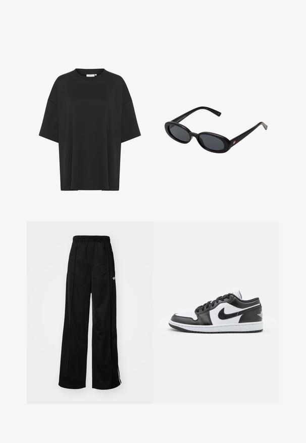 Tricou negru oversized, realizat dintr-un material fin, cu guler rotund, mâneci scurte și o margine dreaptă, fără embellishments.; Pantaloni sport largi negri cu talie elastică, având dungi albe pe laturi și un logo mic pe șoldul stâng. Textură de țesătură netedă.; Sneakers Nike cu talpă joasă, alb-negru, prezintă un superior din piele netedă, vârf rotund, închidere cu șireturi și o talpă din cauciuc cu model.; Ochelari de soare supradimensionați, cu lentile ovale, cadru din plastic neted și accente aurii pe brațe. Lentilele întunecate oferă protecție solară.