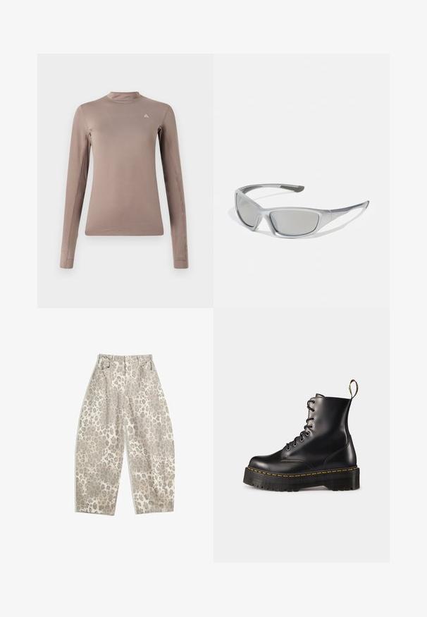 Langärmliges Oberteil aus hellbraunem Stoff, mit hohem Kragen, figurbetonter Form, minimalen Nähten und kleinem Logo auf der Brust.; Leoprint-Hose in einem hellbeigen Farbton, mit einem hoch sitzenden Design, weitem Bein und zwei frontalen Taschen. Hergestellt aus einem glatten Stoff.; Schwarze Leder-Schnürstiefel mit knöchelhohem Schaft, einer robusten schwarzen Sohle und gelben Nähten. Verfügt über eine Lasche hinten und runde Metallösen.; Graue Sonnenbrille mit einem eleganten, leichten Kunststoffrahmen. Verfügt über getönte graue Gläser und strukturierte Seitenelemente für zusätzlichen Halt.; Dunkelgraue Stofftasche mit einem gebogenen Griff, weicher Textur und runder Form. Keine sichtbaren Beschläge oder Verzierungen.