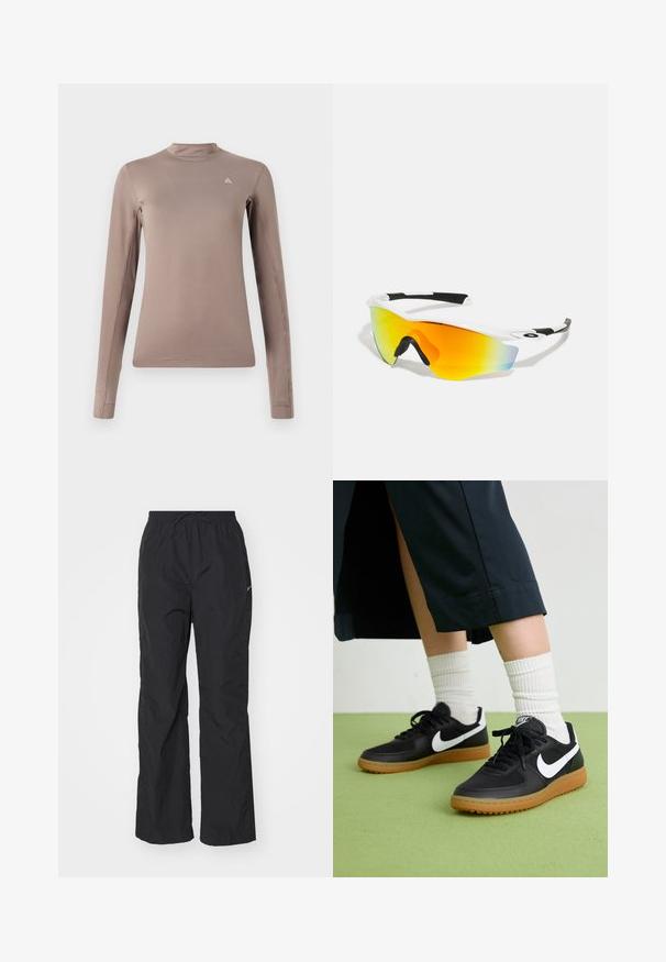 Langermet topp i lysebrun stoff, med høy krage, tettsittende fasong, minimale sømmer og en liten logo på brystet.; Svart, lette bukser med elastisk livlinje og snøring. Har en teksturert finish og en liten reflekterende logo på siden.; Sorte lær- og syntetiske joggesko med hvit Nike swoosh, gummisåle, rund tå og sorte lisser. Ribbet hvite sokker synlige.; Hvite sports solbriller med en buet design, svarte gummidetaljer og et speilrøde-oransje linse som går over til blå.