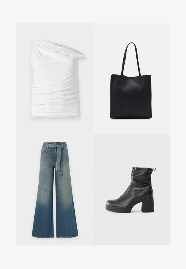 Balta vieno peties palaidinė, pagaminta iš minkštos, tamprios medžiagos su raukiniais šone. Turi kasdienį, laisvai krintantį dizainą ir etiketes prie kaklo.; Platus džinsinis kelnes su šviesiai tamsiai mėlynu gradientu, aukštu juosmeniu, diržo kilpomis ir atitinkančiu audinio diržu. Textūruotas džinsinis paviršius.; Juodos kulkšninių botai, pagaminti iš lygaus odos, su šoniniu užtrauktuku, masyviu tekstūruotu kulnu ir apvaliu pirštu.; Juodas odinis tote krepšys su lygia tekstūra, stačiakampio formos ir dviem ilgais rankenomis. Matomų metalinių detalių ar puošybos nėra.