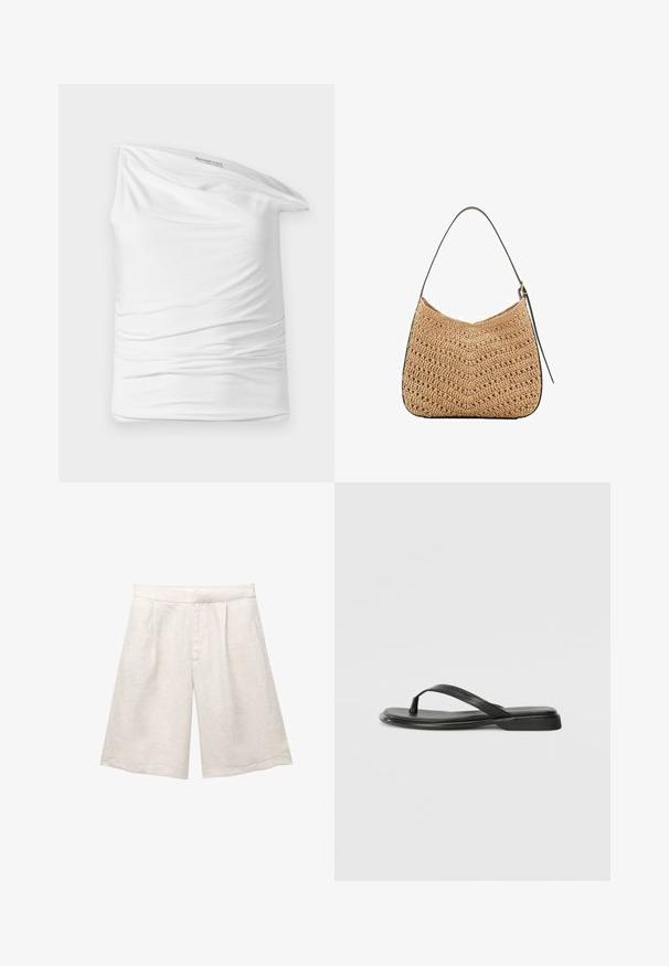 Bílý top na jedno rameno vyrobený z měkké, elastické látky s nařasením na boku. Má volný, splývavý design a štítek na výstřihu.; Beige lněné šortky s širokými nohavicemi, s předními záhyby a hladkým pasem. Materiál má mírně texturovaný povrch.; Černé žabky vyrobené z hladké kůže, s tenkým designem popruhu a plochou podrážkou s minimálním profilem. Žádné výrazné vzory ani akcenty.; Tkaná slaměná taška na rameno s zakřiveným tvarem, která má tmavý kožený popruh a texturovaný povrch s chevronovým vzorem.