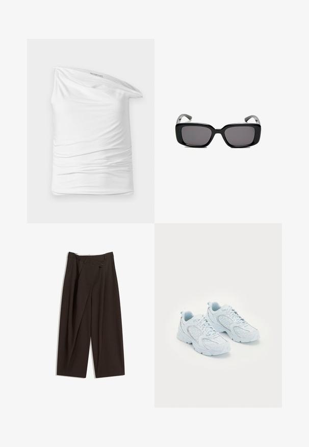 Bílý top na jedno rameno vyrobený z měkké, elastické látky s nařasením na boku. Má volný, splývavý design a štítek na výstřihu.; Tmavě hnědé široké kalhoty s vysokým pasem, vybavené jedním tlačítkem na zapínání a plisovaným předním dílem. Vyrobené z lehkého materiálu.; Světle modré sportovní boty s vrstveným a syntetickým svrškem, zdobené bílými puntíky a reflexními akcenty, šněrovací design a odpružené podešve.; Černé obdélníkové sluneční brýle s tmavými skly, hladkým plastovým rámem a zakřivenými stranicemi. Design je robustní s minimalistickou estetikou.; Černá kožená taška přes rameno s hladkým povrchem, zakřiveným tvarem a nastavitelným uchem. Má minimální prošívání a jednoduchý design.