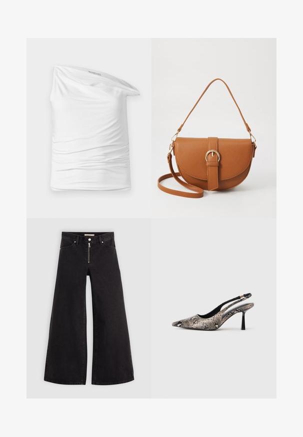 Valge ühele õlale top, mis on valmistatud pehmest ja venivast kangast, külgedel rüüstatud. Omab lõdva, langeva disaini ja sildiga kaelaaugu juures.; Laiad teksad mustast denimist, millel on lukuga eesmine osa, viie taskuga disain ja peened õmblusdetailid. Sile tekstuur ja juhuslik stiil.; Kitsas varvusega slingback kingad, mis on valmistatud tekstuuriga maosarnase materjali toel, omavad saledat musta kõrget kontsa ja lõikega disaini külgedel.; Pruun nahast õlakott, millel on kumer kuju, kullavärvi riistvara ja pandlaga kaunistus. Omab eemaldatavat õlarihma.