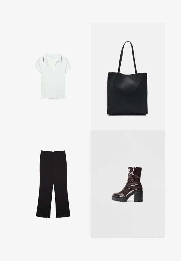 Vit kortärmad polo med ribbad textur, V-hals och kontrasterande svart kant runt kragen. Regular fit och slät tyg.; Svarta byxor med rak passform, utrustade med framfickor och sidoklyvningar vid fållen. Tillverkade av mjukt, slätt tyg. Lämpliga för olika tillfällen.; Glansig bordeauxfärgad ankelsko med en kraftig svart klack, som har en slät yta och enkel design. Inga synliga stängningar eller mönster.; Svart lädertoffelväska med slät textur, rektangulär form och två långa handtag. Ingen synlig hårdvara eller dekorationer.