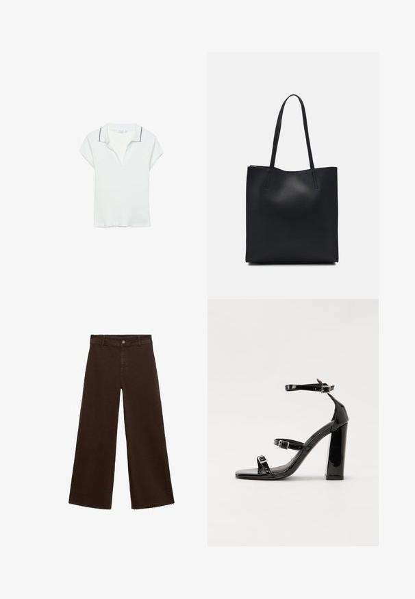 Biela polo košeľa s krátkym rukávom, s rebrovanou textúrou, V-okolím a kontrastným čiernym lemom okolo goliera. Rovnako strihaná a hladká tkanina.; Hnedé široké nohavice z bavlnenej zmesi, s roztrhnutým lemom, predným zapínaním na gombík a klasickým dizajnom s piatimi vreckami. Minimalistické a všestranné.; Čierne lakované sandále na podpätku so štvorcovou špičkou, navlečenými remienkami okolo členku a striebornými prackami. Disponujú masívnym blokovým podpätkom pre stabilitu.; Čierna kožená taška na rameno s hladkým povrchom, obdĺžnikovým tvarom a dvoma dlhými uchami. Bez viditeľného kovania alebo ozdôb.