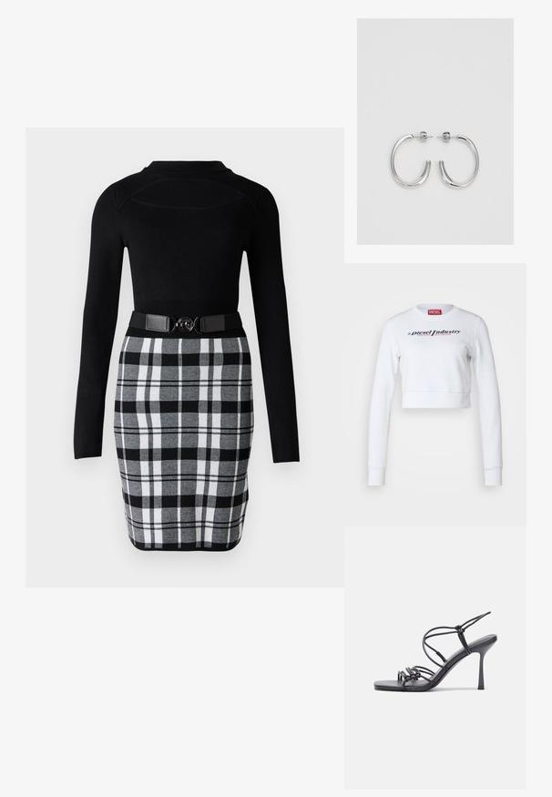 Biele skrátené mikina vyrobená z bavlny, s dlhými rukávmi a okrúhlym výstrihom. Na prednej strane je potlač v námorníckej modrej a ružovej farbe: "Diesel Industry Denim Division."; Čierny top s dlhým rukávom a priliehavým strihom, kombinovaný s ceruzkovou sukňou s čiernobielou kockovanou potlačou a opaskom s okrúhlou kovovou sponou.; Čierne sandále na vysokom podpätku majú tenké remienky s uzlovým dizajnom, hladký štvorcový špičku a elegantný stiletto podpätok.; Svetlošedá metalická kabelka s reťazovým popruhom, ozdobená malými kruhovými kovovými štítkami a trojuholníkovým logom značky.; Strieborné kruhové náušnice s hladkým a lesklým povrchom. Okrúhly tvar, ľahký dizajn, s uzáverom na kolík.