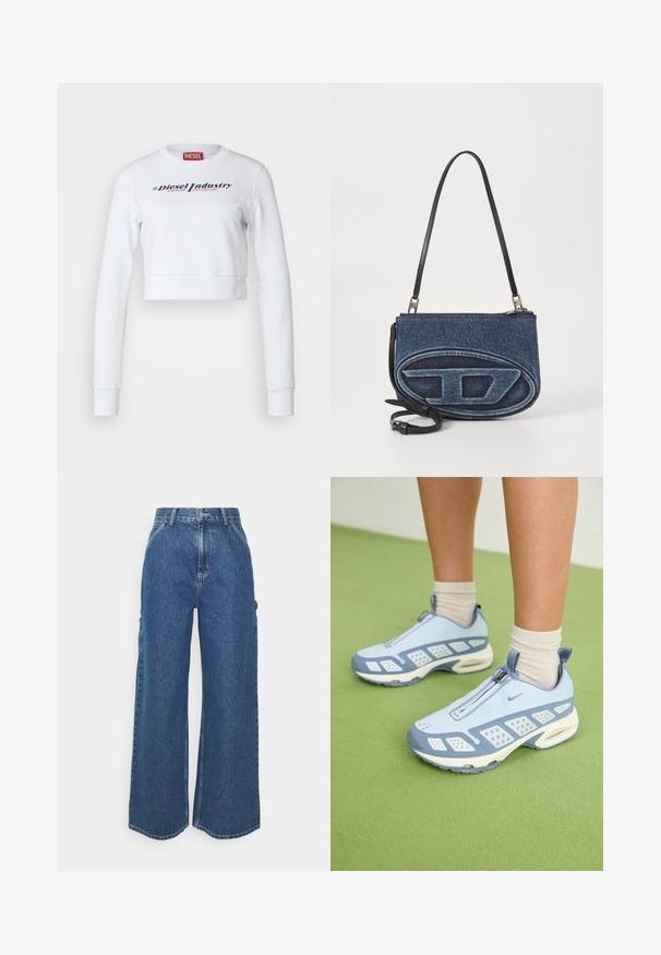 Bílá zkrácená mikina ze 100% bavlny, s dlouhými rukávy a kulatým výstřihem. Na mikině je potisk v námořnické modré a růžové barvě: "Diesel Industry Denim Division."; Široké modré džíny s vysokým pasem, kontrastním šitím a postranními kapsami, které mají klasický design s pěti kapsami a rozstřižené lemy.; Světlé modré sportovní boty s bílými akcenty, texturovanými panely a zipovým uzávěrem. Obsahují viditelnou vzduchovou výplň v podrážce a gumovou podešev.; Džínová krosbody taška s černým koženým popruhem, oválným logem na přední straně a zipovým uzávěrem nahoře. Texturovaný povrch.