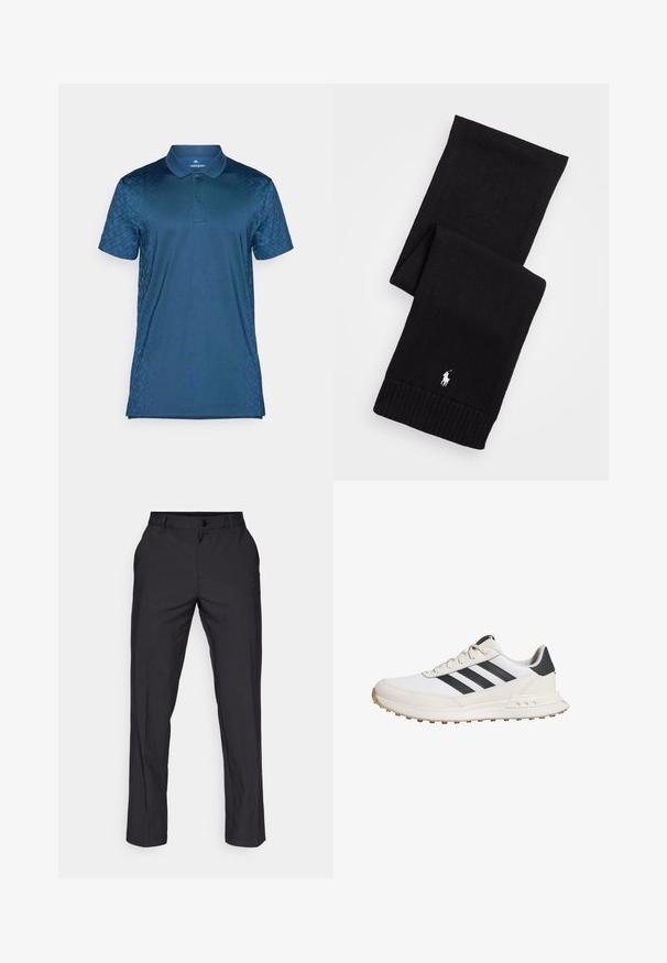 Námořnická modrá polo tričko s dvoubarevným zapínáním, krátkými rukávy a texturovaným vzorem na levé straně. Vyrobeno z hladkého materiálu.; adidas Golf PANT - Kalhoty - black; Bílé sportovní boty s černými pruhy, s texturovanou gumovou podrážkou, hladkým koženým svrškem a polstrovaným límcem pro podporu.; Polo Ralph Lauren COMBED COTTON SCARF - Šála - black