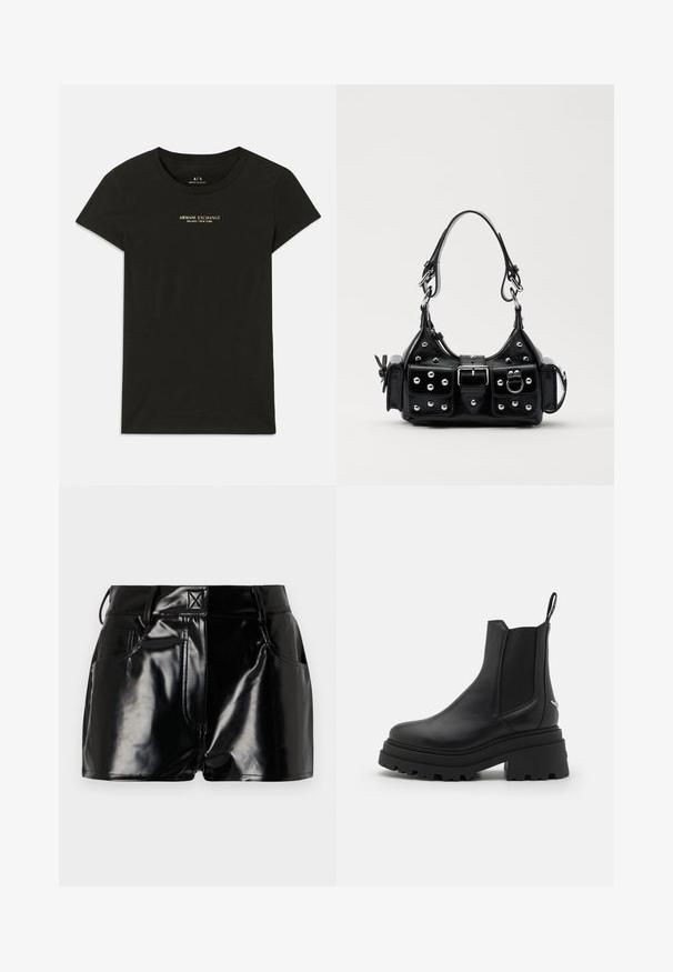 Črna kratkotrajna majica Armani Exchange s tiskom "Armani Exchange Milano / New York" v majhnih bež črkah na prsih.; Črne, sijoče kratke hlače iz sintetičnega materiala. Imajo prilegajoč pas, zanke za pas in sprednje žepe z izrazitimi šivi.; Črne chelsea škornje iz gladke usnje z elastikami ob strani, debelim rebrastim gumijastim podplatom in zanka na hrbtni strani.; Črna usnjena torbica s ukrivljenim dizajnom, ki vsebuje srebrne žebljičke, zaponko in dve stranski žepki. Nastavljiv trak za različne možnosti nošenja.