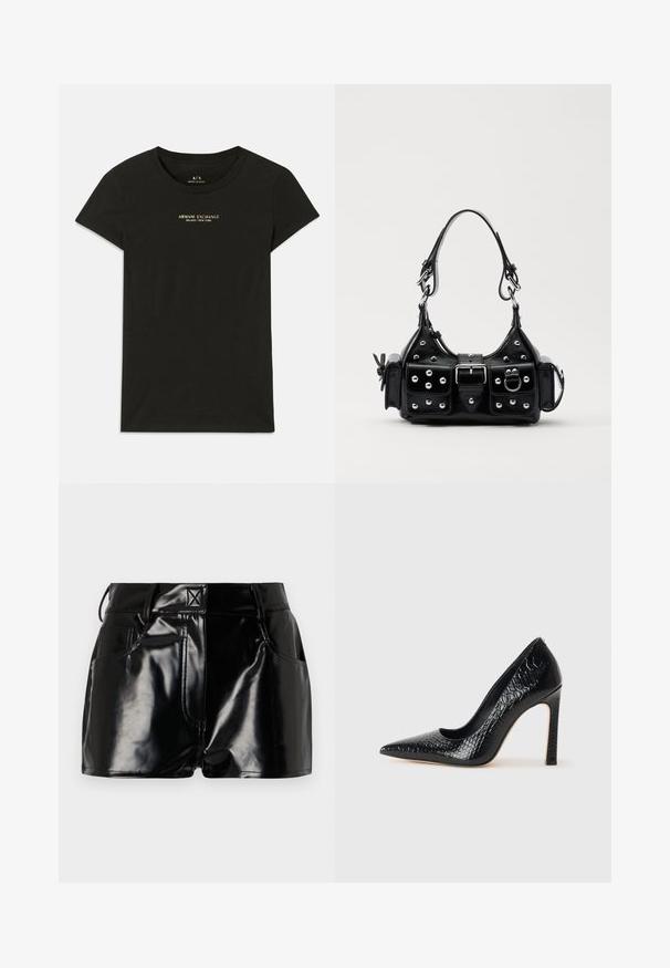 Zwarte T-shirt met korte mouwen van Armani Exchange met "Armani Exchange Milano / New York" in kleine beige letters op de borst gedrukt.; Zwarte, glanzende shorts van synthetisch materiaal. Heeft een aansluitende taille, riemlussen en voorzakken met opvallende stikseldetails.; Zwarte puntige hoge hak schoen met een krokodillenleren textuur, met een slank ontwerp, hoge stiletto-hak, en een gladde zwarte binnenkant.; Zwarte lederen handtas met een gebogen ontwerp, voorzien van zilveren studs, een gesp en twee zijvakken. Verstelbare schouderband voor verschillende draagmogelijkheden.