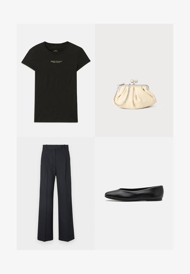 Schwarzes Baumwoll-T-Shirt mit kurzen Ärmeln von Armani Exchange, mit "Armani Exchange Milano / New York" in kleinen beigen Buchstaben auf der Brust gedruckt.; Dunkelblaue Nadelstreifenhosen mit hoher Taille, weit geschnittenem Bein und ohne sichtbare Beschläge oder Verzierungen. Glatte Textur und taillierte Passform.; Paul Smith TOPANGA - Klassischer Ballerina - black; Faltige beigefarbene Ledertasche mit einem silbernen Metallrahmen, ausgestattet mit zwei runden dekorativen Verschlüssen und einem silbernen Kettenriemen.