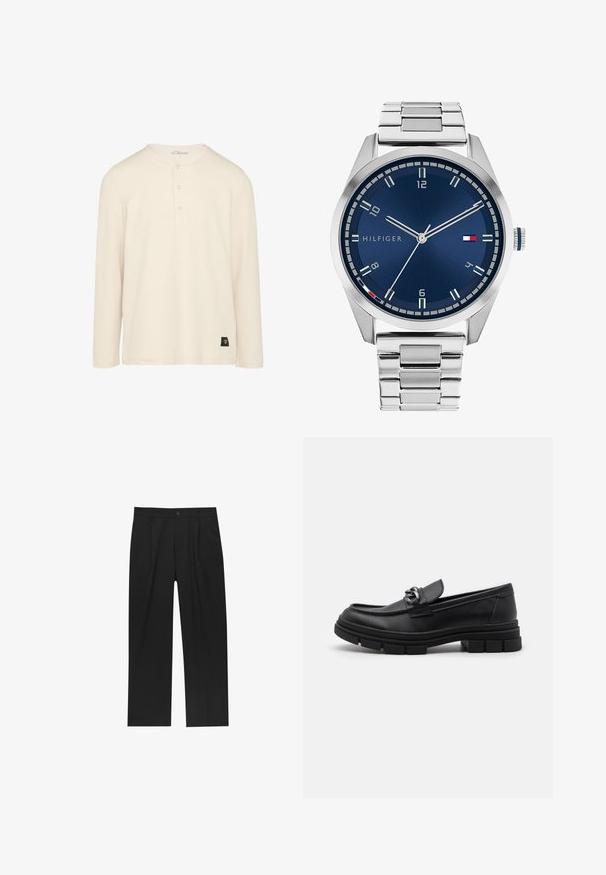 Długirękawowa, kremowa koszula henley z ribbowanej tkaniny, z zapięciem na guziki i małą czarną metką logo przy dolnym brzegu.; Czarne spodnie o prostym kroju, wykonane z gładkiego materiału. Posiadają zakładki z przodu i pojedyncze zapięcie na guziki w pasie.; Czarne skórzane półbuty z okrągłym noskiem, dekoracyjnym paskiem i elementami metalowymi oraz grubą, fakturowaną podeszwą. Gładkie wykończenie z subtelnymi detalami.; Srebrny zegarek metalowy z satynową niebieską tarczą, białymi znacznikami godzin oraz wyświetlaczem daty. Posiada ogniwowy metalowy pasek i logo marki.