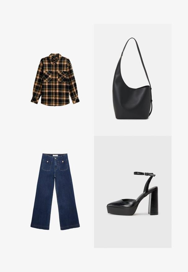 Camicia in flanella con un motivo a quadri nero, marrone e verde, colletto classico, chiusura con bottoni e due tasche sul petto con pattina.; Pantaloni in denim a gamba larga blu scuro, con due tasche anteriori decorate con bottoni e orlo dritto.; Tacchi a piattaforma neri con punta appuntita e cinturino regolabile alla caviglia. Realizzati in pelle liscia, presentano un tacco a blocco spesso.; Borsa hobo nera in pelle con una superficie liscia, forma curvata e una singola tracolla regolabile; presenta un'ampia apertura nella parte superiore.