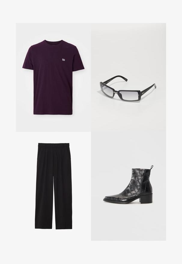Donkerpaars katoenen T-shirt met korte mouwen, ronde halslijn en klein wit logo op de linkerborst. Zachte, gladde textuur.; Zwarte wijde broek met geplooide voorkant, zijzakken en een gladde stoftextuur. Ontworpen voor een ontspannen pasvorm.; Zwarte enkellaarzen van textuur faux leer met een krokodillenpatroon, voorzien van een vierkante neus en een blokhak.; Zwarte rechthoekige zonnebril met een verlooplens, voorzien van een dik frame en metalen accenten op de steunen. Glad oppervlak overal.