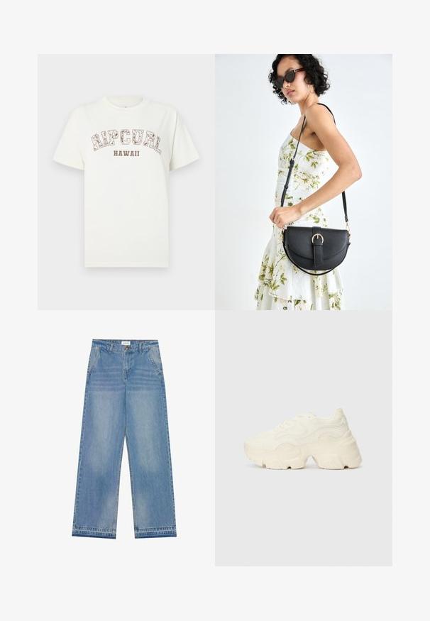 Tricou alb din bumbac cu mâneci scurte, având imprimate „RIPCURL” și „HAWAII” în maro. Design simplu, cu guler rotund.; Jeansi cu talie înaltă, largi, de culoare albastru deschis, cu închidere prin buton, buzunare frontale, bucle pentru curea și detalii subtile de decolorare.; Tenisi albi voluminoși, fabricați din plasă texturată și materiale sintetice, cu o talpă groasă și detalii de model intricate pe laturi.; Geantă din piele neagră, cu o formă curbată, curea detașabilă și accesorii aurii. Geanta are un capac cu un detaliu tip cataramă.