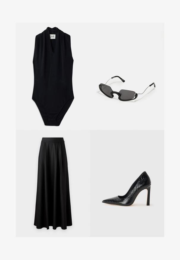 Must värvitu ilma varrukateta bodi, millel on sügav V-kaelus ja kokku tõmmatud detail kaeluses. Valmistatud siledast, tõmbetugevast kangast. Minimalistlik disain.; Mustmust pikk, must seelik, millel on sile tekstuur, lai vöökoht ja volditud disain, ilma nähtavate mustrite või kaunistusteta.; Mustan teravaotsaga kõrge kontsaga king, millel on krokodillimustriga tekstuur, stiilne disain, kõrge stilettokonts ja sile must sisesisustus.; Mustad mustad prillid ainulaadse kilbi kujuga, tumedate läätsede ja õhukeste hõbedaste metallist sangaelementidega. Raamidel on ümarad aktsendid ja julge disain.