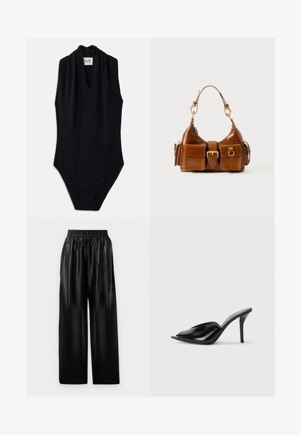 Fekete ujjatlan bodysuit mély V-kivágással és redőzött részlettel a gallérnál. Simán elérhető, rugalmas anyagból készült. Minimalista dizájn.; Fekete bőr széles szárú nadrág, rugalmas derékkal, két oldalsó zsebbel és sima, fényes textúrával.; Fekete bőr, nyitott orrú, hegyes kialakítású, sima textúrájú, és karcsú tűsarokkal rendelkező magassarkú mules.; Barna bőrtáska ívelt formával, dupla aranyszínű fémhardverrel, két elülső zsebbel és széles pánttal. Simán textúra elegáns kivitelben.