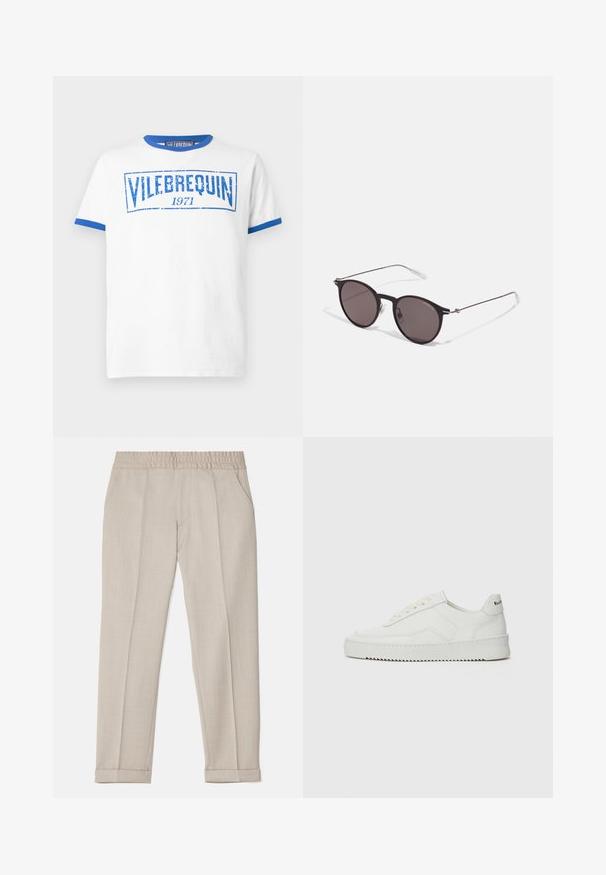 Balta trumpa rankovė T-marškiniai su mėlynu apvadu ant apykaklės ir rankovių, puikuojantys nusidėvėjusiu mėlynu tekstu "VILEBREQUIN 1971" ant krūtinės.; Filippa K TERRY CROPPED TROUSERS - Kelnės - sage melange; Balti odiniai sportiniai bateliai su lygia apdaila, apvaliu pirštu, plokščiais raišteliais ir tekstūruotu padu. Pasižymi subtiliu logotipu ant kulno.; Juodos apvalios saulės akinių su tamsiais lęšiais ir plonomis metalinėmis šakomis. Įtraukti skaidrūs šventyklų galai ir sidabriniai akcentai vyrio srityje. Minimalistinis dizainas.