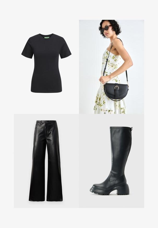Črna majica s kratkimi rokavi in okroglim izrezom, izdelana iz gladkega bombažnega materiala, z ožjim krojem in brez vidnih vzorcev ali okrasnih elementov.; Črne široke hlače iz umetnega usnja z visokim pasom, sprednjim gumbom, zadrgo, zanke za pas in stranskimi žepi na beli podlagi.; Visoka črna usnjena škornja s debelim podplatnim solejem in blok peto, opremljena s potegom in strukturiranim profilom na podplatu.; Črna usnjena torbica s ukrivljeno obliko, z odstranljivo naramnico in zlatimi dodatki. Torbica ima pokrov s podrobnostmi v obliki zaponke.
