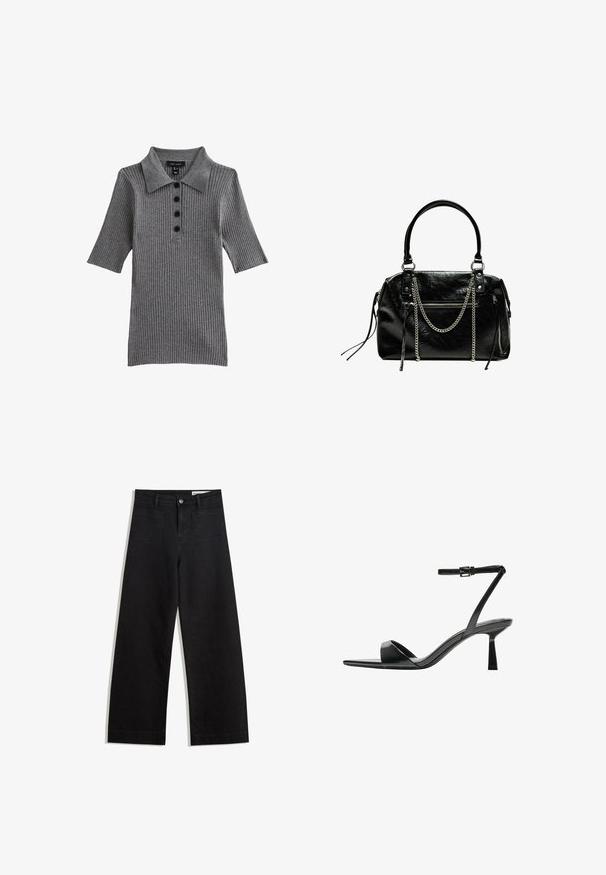 Polo shirt a coste grigia con colletto, maniche corte e chiusura a bottoni con quattro bottoni scuri.; Pantaloni in denim neri a gamba larga con vita alta, dotati di tasche anteriori e posteriori, cuciture a punto, e chiusura con bottone. Texture liscia.; Bershka Sandali con tacco - black; Bershka WITH CHAIN - Borsa a mano - black