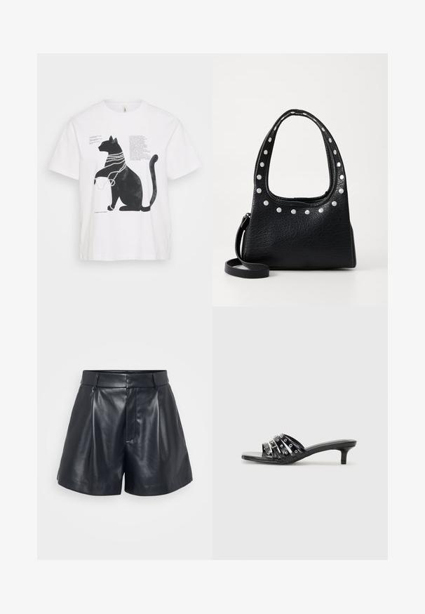 Vit t-shirt med en grafisk bild av en svart katt som bär pärlhalsband och överlagd text i olika typsnitt. Korta ärmar och rundad halsdesign.; Svarta lädershorts med en slät yta, skräddarsydd design, plisserad framdel och bälteslopp; har en dold dragkedjeficka på sidan.; Svarta klacksandaler med flera glänsande remmar och metalliska detaljer, med spetsig tå och måttliga kittenklackar. Slät textur.; Svart strukturerad läderväska med silverfärgade nitar längs den övre kanten och handtagen, med ett kort handtag och ett avtagbart band.