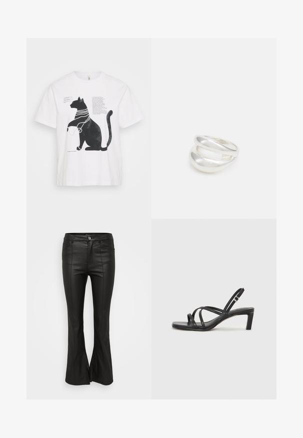Biele tričko s grafickou potlačou čierneho mačky s perlovými náhrdelníkmi a prekrytým textom v rôznych písmach. Krátke rukávy a dizajn s okrúhlym výstrihom.; Čierne rozšírené nohavice s lesklou, koženku pripomínajúcou textúrou, ktoré majú predné vrecká, zapínanie na gombík a rozparky po stranách lemovania.; Čierne sandále na vysokom podpätku so štvorcovou špičkou a nízkym blokovým podpätkom. Obsahujú viacero tenkých popruhov a nastaviteľný členkový popruh. Vyrobené z hladkej kože.; Strieborný prsteň s dvojitým pásikom s hladkým, lesklým povrchom. Má plynulý, zakrivený dizajn s prekryvajúcimi sa časťami pre moderný vzhľad.