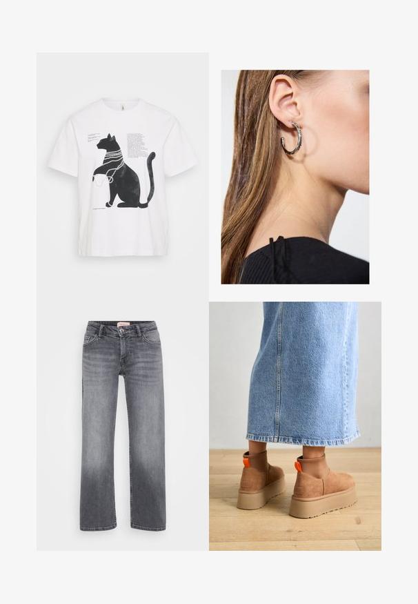 Hvit T-skjorte med grafikk av en svart katt som har perlekjeder, samt overlagte tekster i forskjellige skrifttyper. Kortermet og design med rund hals.; Grå denimjeans med rett ben-design, fem-lomme stil, subtil falming, og knappelukking i midjen.; Brune semska plattformstøvler med elastiske sidepaneler og orange rekkehalser, parret med en knelange lys denimskjørt på et tregulv.; Sølv ringøredob med en polert finish, med små gull detaljer og en rund form, båret på øreflippen.