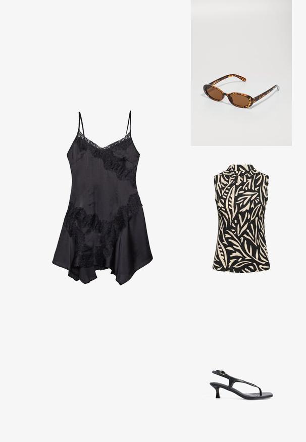 Kaffe KAKATRINE PRINTED - Toppi - black deep w. sandshell lines; Musta satiini slip-mekko pitsireunalla, jossa on säädettävät ohuet hihnat ja liehuva helma, pehmeä materiaali ja koristeelliset röyhelöyksityiskohdat.; Mustat nahkasandaalit, joissa on hoikka muotoilu, ohuet hihnat ja pieni korko. Varustettu solkiyksityiskohdalla ja sileäpintaisella pohjalla.; Silmustäkkilised prillid ovaalsete raamidega, pruunid läätsed ja õhukesed mustad käepidemed, millel on peened mustri aksendid.; Musta tekstuuriline ostukott lühikeste käepidemetega, millel on kuldne lukustus ja aktsendid. Kujundus on struktureeritud koos geomeetrilise siluetiga.
