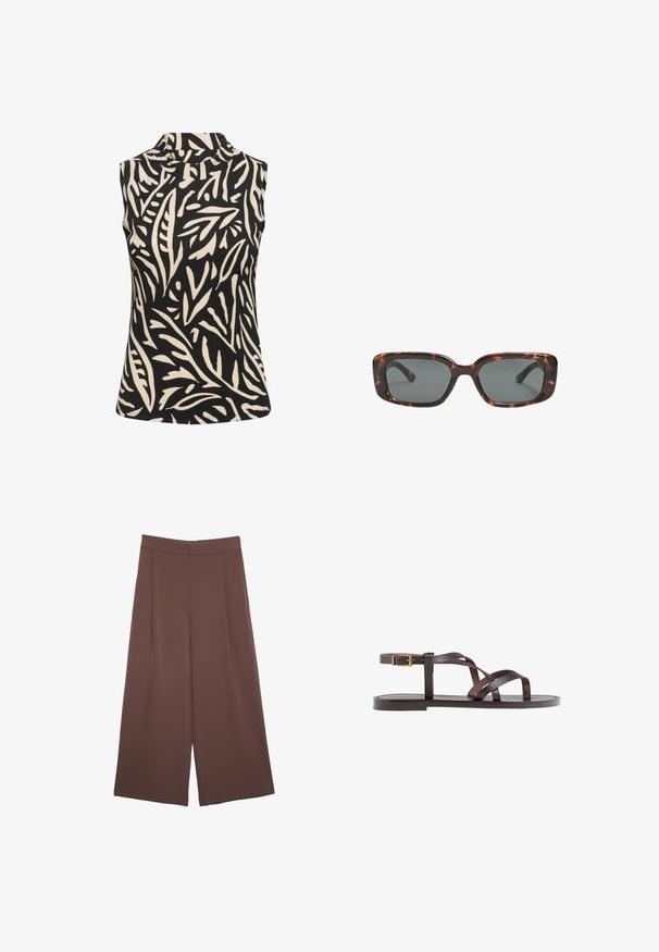 Kaffe KAKATRINE PRINTED - Linne - black deep w. sandshell lines; Bruna vida byxor med en slät textur, som har hög midja och framfickor. Tyget är lätt och flödar löst.; Bruna lädersandaler med korsade remmar, spänne runt vristen och en platt sula med minimala sömnadsdetaljer.; Sköldpaddsmönstrade solglasögon med rektangulära linser, tjocka bågar och mörkt tonade linser. Slät yta och minimalistisk design.