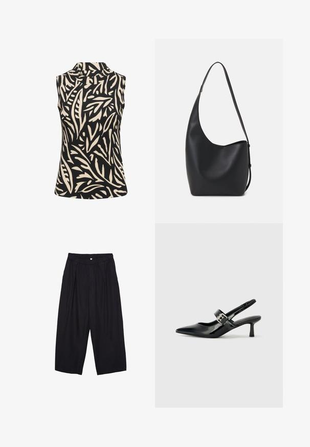 Kaffe KAKATRINE PRINTED - Top - black deep w. sandshell lines; Crne poliester hlače culotte s elastičnim pojasom, dva prednja nabora i širokim krojem. Nema vidljivih uzoraka ili metalnih detalja.; Crne lakirane slingback potpetice s oštrim prstom i malom blok petom, s naglaskom na srebrnoj kopči na remenu.; Crna kožna hobo torba s glatkom teksturom, zakrivljenim oblikom i jednom podesivom trakicom; ima širok otvor na vrhu.