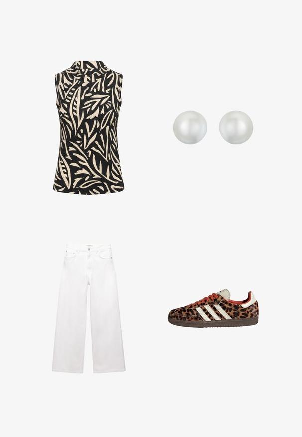 Kaffe KAKATRINE PRINTED - Top - black deep w. sandshell lines; White wide-leg jeans made of cotton, featuring a high waist, five-pocket design, and brass hardware accents. Smooth, non-distressed texture.; Leopard print sneakers with suede material, red laces, and three white stripes on the side. Features a cream-colored tongue and brown sole.; Round, white pearl earrings with a smooth, glossy surface. Each pearl exhibits a subtle sheen and uniform shape, suitable for formal occasions.