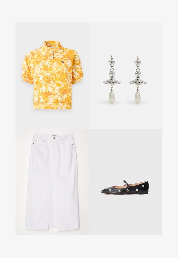 Bally Poloshirt - multikoi; Witte spijkerrok met een voorklep, vijf-pocket ontwerp, metalen knop- en ritsluiting, en gestikte zoomdetails.; Zwarte leren Mary Jane ballerina met een ronde neus, voorzien van zilveren ronde studs en een verstelbaar bandje met een gesp.; Zilveren oorbellen met een ronde hoop, versierd met fonkelende stenen en een druppelvormige parelpendant. Bijzonder ontwerp met intrigerende accenten.