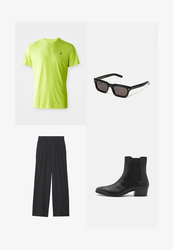 Svetlo limetno zelena kratkotrajna športna majica s črnim logotipom na levem prsnem delu, prikazana proti beli barvni ozadju.; Široke hlače iz temno sive tkanine. Imajo nabore na pasu, prilagojen dizajn in ravno silhueto.; Zign LEATHER - Klasični gležnjarji - black; Črne pravokotne sončna očala s temnimi lečami, debelim plastičnim okvirjem, zlatimi detajli na templjih in izgravirano blagovno znamko na ročaju.