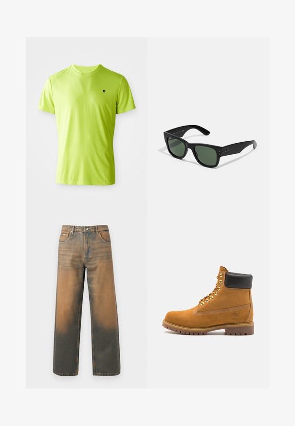 Svijetlo limeta zelena kratkotrajna atletska majica s kratkim rukavima, s malim crnim logotipom na lijevoj strani prsnog koša, prikazana na bijeloj pozadini.; Suberane traperice širokih nogavica u ispranom plavom i smeđem denimu. Imaju visoki struk, prednje džepove i klasično dugme sa metalnim detaljima.; Antracitne antilop čizme do gležnjeva s crnim podstavljenim ovratnikom, zlatnim metalnim rupicama, bijelim šavovima i robusnom gumenom potplatom s izraženim šarama.; Crne pravokutne sunčane naočale sa zelenim staklima, mat završetkom, suptilnim metalnim detaljima i utisnutim logotipom na dršku.