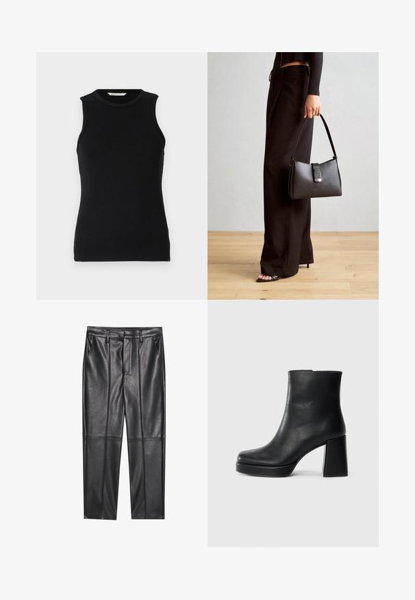 Crna bezramena rebrasta majica s okruglim dekolteom. Ima uski kroj i suptilne bočne proreze na rubu. Mekana, teksturirana tkanina.; Crne kožne hlače s glatkom teksturom, ravnog kroja, s dva prednja džepa i vidljivim šavovima.; Crna kožna čizma do gležnja s blok petom i platformom, prikazana s bočne strane na jednostavnoj bijeloj pozadini.; Crna torba s oblikom koji sadrži strukturu, glađu teksturu i metalnu kopču. Uparena s širokim crnim hlačama i sandalama na otvorenom s drvenog poda.