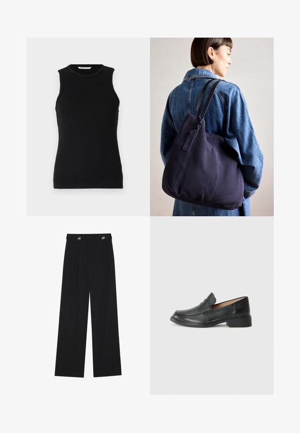 Black sleeveless ribbed tank top with a round neckline. Features a slim fit and subtle side slits at the hem. Soft, textured fabric.; Black wide-leg trousers with high waist, button details on waistband, and front pleats.; Black leather loafer with a low heel, featuring a stitched design and slip-on style, set against a plain white background.; Navy canvas shoulder bag with a soft, structured shape, featuring a black strap, stitched detailing, and a small brand tag.