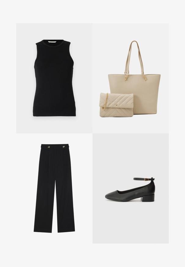 Melnas bez piedurknēm ribota t-krekla augšdaļa ar apaļu kakla izgriezumu. Iespējas: šaurs piegriezums un smalki sānu šķēlumi apakšmalā. Mīksta, teksturēta auduma.; Melnas platās bikses ar augstu jostasvietu, pogu detaļām uz jostas un priekšējām krokām.; Melnas ādas sūkņi ar smailu purngalu un zemu bloku papēdi. Iezīmēts ar potītes siksniņu ar zelta krāsas sprādzi. Gluda tekstūra.; Bēša tote soma ar plakaniem rokturiem, gludu tekstūru un zelta furnitūru, kopā ar saskaņotu izšūtu maciņu ar ķēdes siksnu.