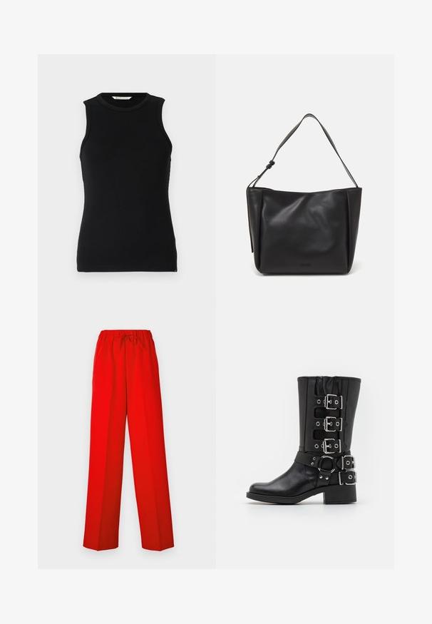 Zwarte mouwloze geribbelde tanktop met een ronde halslijn. Kenmerkt een slim fit en subtiele zijsplitten aan de zoom. Zachte, gestructureerde stof.; Rode broek met een wijde pijpdesign, gemaakt van gladde stof. Voorzien van een elastische tailleband en trekkoorddetail voor een verstelbare pasvorm.; Zwarte leren laars met een hoge schacht, voorzien van meerdere zilveren gespen en riemen, een ronde accent en een chunky hak. Matte afwerking.; Calvin Klein GRACIE MEDIUM - Handtas - black