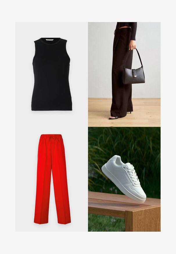 Crna bezramena rebrasta majica s okruglim dekolteom. Ima uski kroj i suptilne bočne proreze na rubu. Mekana, teksturirana tkanina.; Crvene hlače širokog kroja, izrađene od glatkog materijala. Imaju elastičnu gumicu u struku i detalj s vezicom za prilagodljivu veličinu.; Bijela tenisica sa glatkim sintetičkim gornjim dijelom, perforiranim prednjim dijelom, ravnim vezicama i teksturiranom potplatom, prikazana na drvenoj površini.; Crna torba s oblikom koji sadrži strukturu, glađu teksturu i metalnu kopču. Uparena s širokim crnim hlačama i sandalama na otvorenom s drvenog poda.
