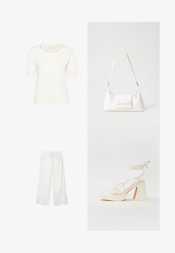 Biely pletený sveter s okrúhlym výstrihom, krátkymi nariasenými rukávmi a dekoratívnym lemovaním okolo výstrihu. Mäkká textúra a priliehavý strih.; Biele široké nohavice vyrobené z mäkkej látky, s pásekom na sťahovanie a dvoma prednými vreckami. Hladká textúra a bez viditeľných vzorov.; Biele sandále na vysokom opätku s hrubým podpätkom, s pruhovaným dizajnom a viazaním na členku. Hladký povrch s platformou vpredu pre zvýšenú výšku.; Biela syntetická kabelka s trojuholníkovým tvarom, plochým predným klapkou a detailom mašle, nastaviteľným popruhom, hladkou textúrou a minimalistickým dizajnom.