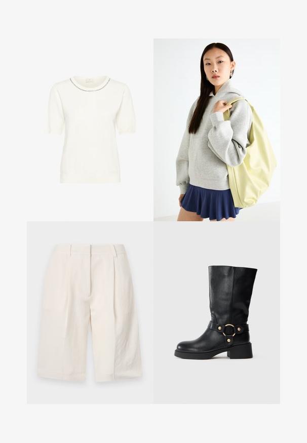 Pulover alb tricotat cu guler rotund, mâneci scurte cu volane și un decorativ pe guler. Textură moale și design ajustat.; Shorts din in cu fir alb, cu un design tailored, față pliată și deschideri largi pentru picioare. Textură netedă și lungime până la mijlocul coapsei.; Botă de piele neagră până la jumătatea gambei, cu toc masiv și curea decorativă ce prezintă o cataramă circulară aurie, pe un fundal alb.; Hanorac oversized gri cu buzunar tip kangaroo, asociat cu o fustă albă cu volane de culoare bleumarin. Accesoriu: rucsac mare de un galben deschis, cu textură netedă.