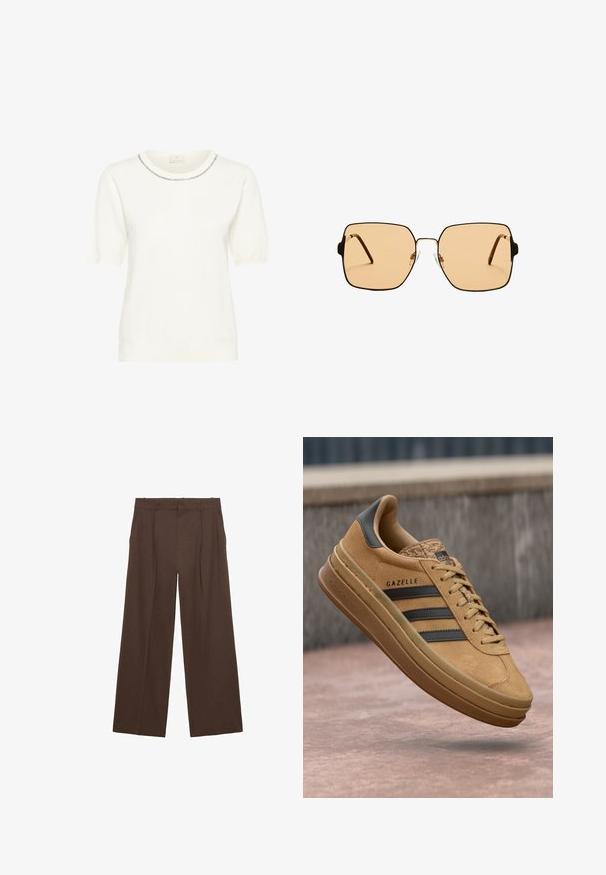 Biały sweter dzianinowy z okrągłym dekoltem, krótkimi bufkami i dekoracyjnym wykończeniem wokół kołnierza. Miękka tekstura i dopasowany krój.; Brązowe szerokie spodnie wykonane z gładkiego materiału, z wysokim stanem, plisami z przodu i dwoma bocznymi kieszeniami.; Beżowe zamszowe sneakersy o gładkiej fakturze, z trzema ciemnymi paskami, zaokrąglonym noskiem i grubszą podeszwą z wzorzystym wykończeniem.; Kwadratowe okulary przeciwsłoneczne z brązowymi soczewkami i cienką, czarną metalową oprawą. Posiadają skośne zauszniki i regulowane noski dla większego komfortu.
