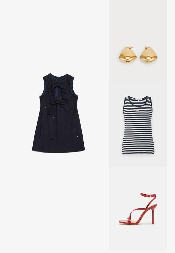Ujjatlan trikó tengerészkék és fehér csíkokkal, amelyen egy kis hímezett róka minta található a mellrészen. Bordás anyagból készült.; Tengerészkék farmer ruha ujjatlan fazonban, két nagy masnival elöl, és díszítő fehér pöttyökkel. Hátsó cipzáras záródással rendelkezik.; ALDO SCINTILLA - Magas sarkú szandálok - red; Piros bőr válltáska sima felülettel, ívelt dizájnnal és dekoratív csattal. Állítható pánt és cipzáras záródás.; Aranyszínű fém fülbevalók sima, lekerekített háromszög alakúak, tűs hátlappal; tükröződő felület minimális díszítéssel.