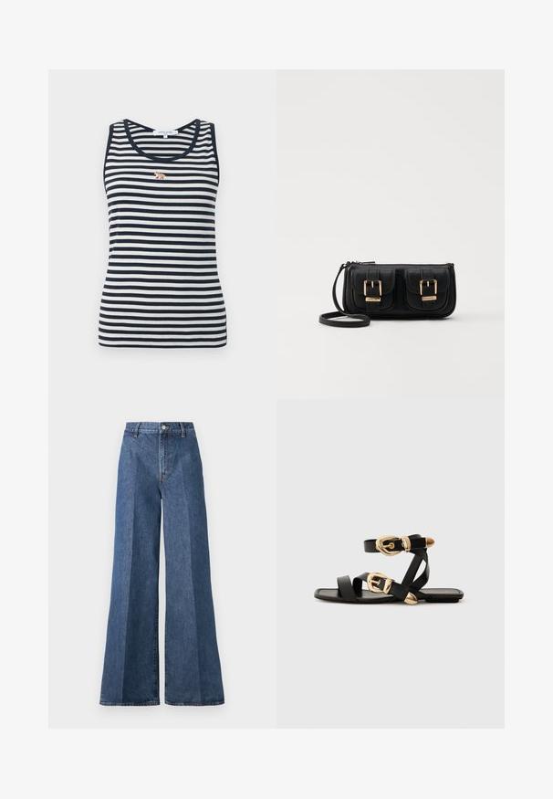 Sinise ja valgete triipudega õmblusteta tank top, millel on rindkere kohal väike tikitud rebane detail. Valmistatud ribakudumist.; Laiad sinised denimpüksid kõrge vöökohtusega, klassikalise viie taskuga ja nööpkinni, valmistatud tekstureeritud puuvillakangast.; Mustad nahast sandaalid kuldsete pandlitega, millel on mitmed rihmad ja lame talladisain avatud varba jaoks.; Must küllastamata nahast õlakott, millel on kaks esist nähtavat taskut, kuldsed pandlad, tõmblukuga sulgemine ja peen rihm. Tekstuuriga pind ja kompaktne ristkülikukujuline kuju.