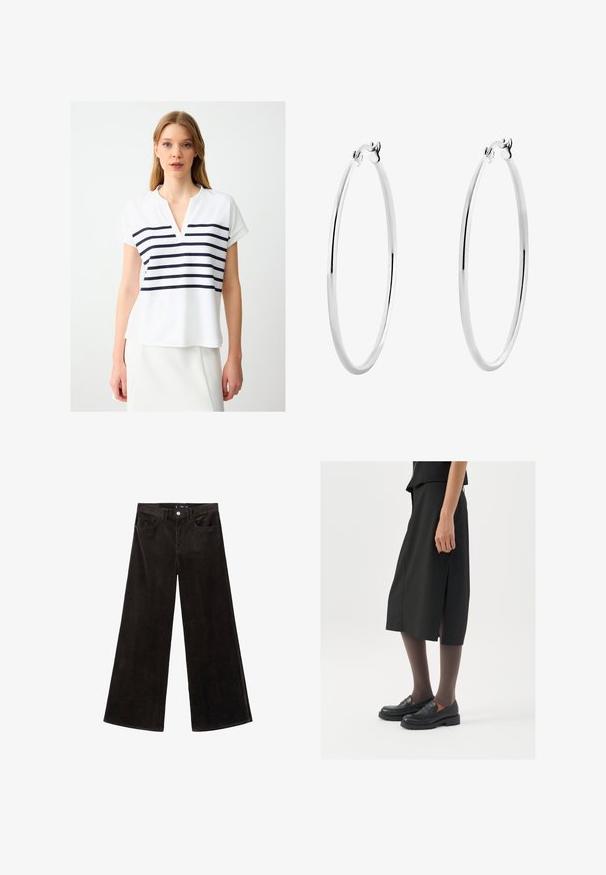 Weißes Kurzarmoberteil mit V-Ausschnitt. Verfügt über horizontale marineblaue Streifen über der Brust. Weicher Stoff mit lockerer Passform.; Schwarze Corduroy-Hosen mit weitem Bein und hohem Bund, Fronttaschen und einem strukturierten Stoff, ausgestattet mit einem Knopfverschluss und Gürtelschlaufen.; Schwarzer knielanger Rock mit seitlichem Schlitz, kombiniert mit schwarzen Loafers und transparenten braunen Strumpfhosen, aus glattem Stoff und mit einem schlichten Design.; Silberne Creolen mit einer glatten, polierten Oberfläche und einer dünnen, runden Form. Das Design verfügt über einen sicheren Verschluss.
