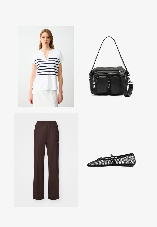 Witte top met korte mouwen en een V-hals. Heeft horizontale marineblauwe strepen over de borst. Zachte stof met een relaxte pasvorm.; Bruine sportieve broek met een elastische tailleband, twee zijzakken en een klein logo aan de linkerzijde, gemaakt van een zachte stof.; Zwarte mesh balletflat met spitse neus, een decoratieve band en subtiele accenten. Heeft een open-net ontwerp en een platte zool.; Zwarte leren crossbody tas met twee voorzakken met rits, een gestructureerde vorm, een verstelbare schouderband en een textuur oppervlakte.
