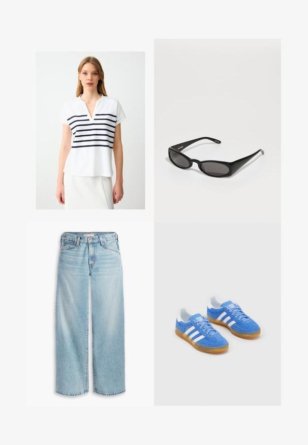 Weißes Kurzarmoberteil mit V-Ausschnitt. Verfügt über horizontale marineblaue Streifen über der Brust. Weicher Stoff mit lockerer Passform.; Hellblaue, weit geschnittene Jeans aus Denim mit hoher Taille, Knopfverschluss und ausgefranstem Saum. Sichtbare Nähte und Taschen.; Blaue Wildleder-Sportschuhe mit weißen Streifenakzenten, Gummisohle und gepolsterter Kragen für Komfort. Verfügt über ein klassisches Schnürdesign.; Henrik Vibskov MEGAN SUNGLASSES UNISEX - Sonnenbrille - black