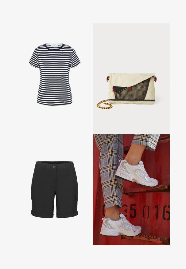 Camiseta de rayas azul marino y blanca hecha de algodón orgánico, con un escote redondo y mangas cortas, y dobladillo recto en la parte inferior.; Pantalones cortos cargo negros con cierre de botón, dobladillo enrollado y múltiples bolsillos laterales, confeccionados en tejido ligero.; Zapatillas de malla blancas con detalles plateados y una suela texturizada, situadas sobre una superficie roja, acompañadas de pantalones a cuadros.; Klättermusen HRID ACCESSORY BAG 3L UNISEX - Bandolera - clay