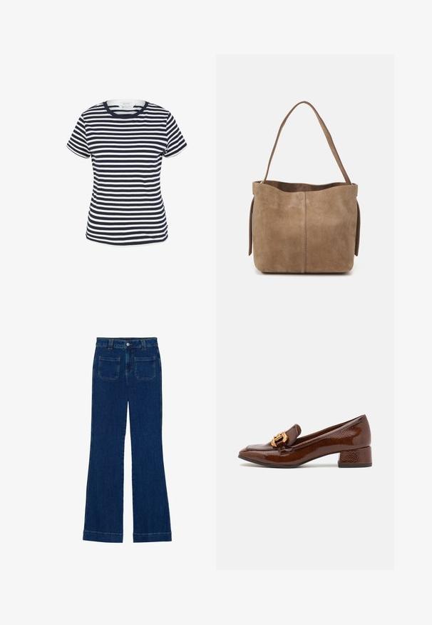 Navy and white striped t-shirt made of organic cotton, featuring a round neckline and short sleeves, with a straight hem at the bottom.; Denim flared jeans in dark blue with a smooth texture, five-pocket design, and a button closure at the waist.; Brown leather loafers with a glossy finish, featuring a decorative gold buckle on the front and a low block heel. Classic design.; Brown suede tote bag with a soft texture, open top, and a single shoulder strap. Features a smooth finish and minimal detailing.